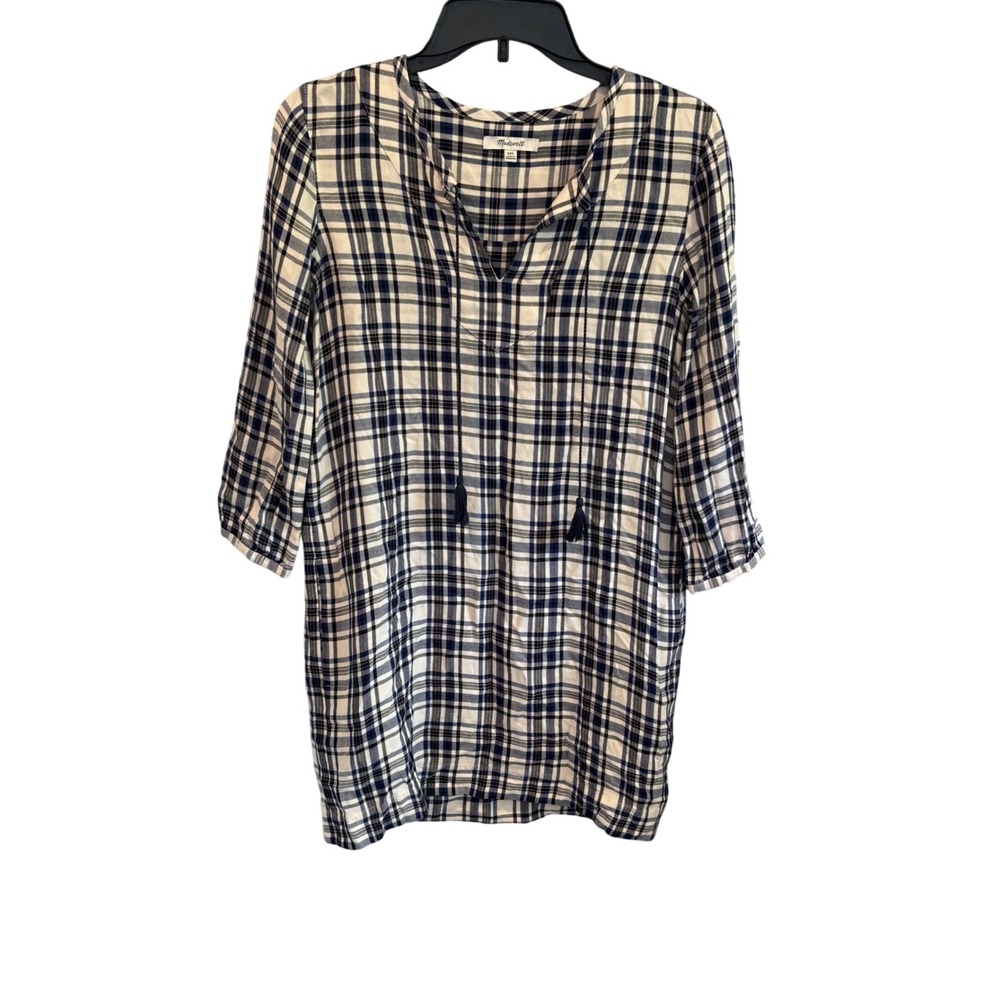 Madewell Fall Wardrobe Plaid Tassel Tie Split Neck Tunic Shift Dress Size XXS